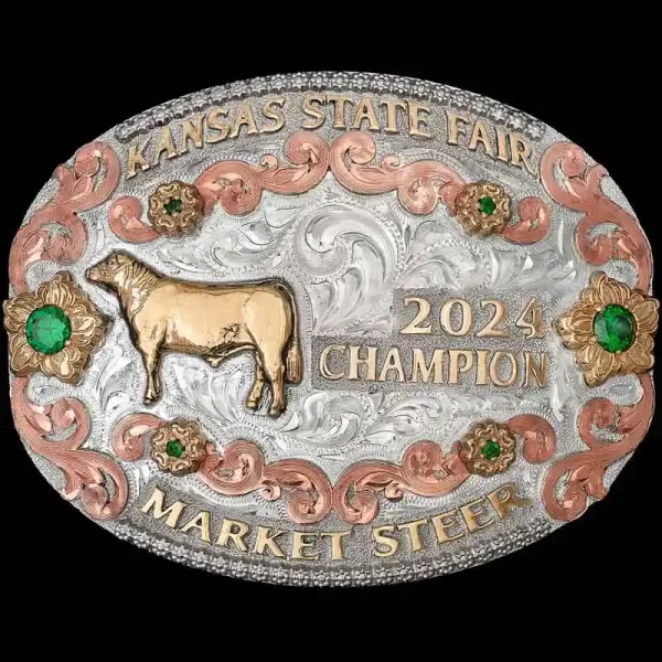 The classic cowgirl buckle! The May Lillie Belt Buckle is built on a beautiful shiny silver hand engraved base, with copper scrollwork and bronze flowers. Customize it today for your cowgirl!